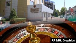 Бишкектеги "Гранд Казино" жайгашкан имарат. "Азаттыктын" коллажы. 