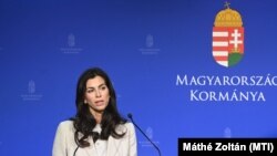Szentkirályi Alexandra kormányszóvivő beszél a Kormányinfón 2023. november 9-én