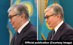 Bu iki dürli bir surat Gazagystanyň prezidenti Kasym-Žomart Tokaýew 2019-njy ýylyň martyndaky dabara gatnaşanda düşürildi. Çep tarapdaky metbugatda çap edildi. Beýlekisi Tokaýew administrasiýasy tarapyndan goýuldy.