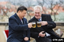 Kineski predsednik Si Đinping i češki predsednik Miloš Zeman piju pivo u Pragu, 30. mart 2016.