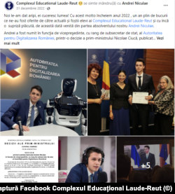 Complexul Educațional Laude Reut s-a lăudat, pe pagina de Facebook, cu numirea fostului elev Andrei Niculae în funcția de vicepreședinte al ADR.