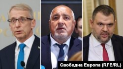 Премиерът Николай Денков, лидерът на ГЕРБ Бойко Борисов и председателят на парламентарната група на ДПС Делян Пеевски. Колаж