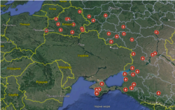 Mapa koju je priredio projekat Šeme s vazdušnim bazama koje Rusija ima na raspolaganju za napade na Ukrajinu.