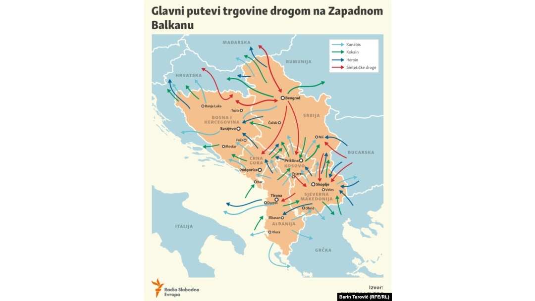 Glavne rute krijumčarenja droge na Zapadnom Balkanu.