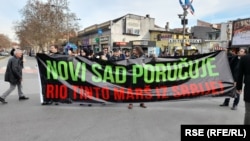 Activists block a road in Novi Sad on January 3 in a protest against lithium exploitation in Serbia. 