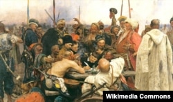Запорожці пишуть лист турецькому султану», картина Іллі Рєпіна, 1891 рік. У лівому верхньому кутку видно два полотна – синьо-жовте та чорно-червоне