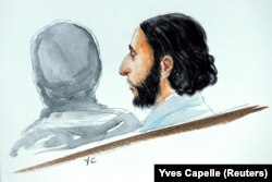 Рисунка на Салах Абдеслам от изправянето му пред съда в Брюксел през 2018