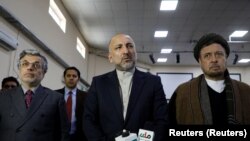 Former national security council adviser and current presidential candidate Mohammad Hanif Atmar, alongside his two vice-presidential candidates Younus Qanooni and Mohammad Mohaqiq in January