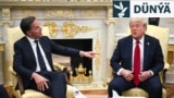 ABŞ prezidenti Donald Tramp Ak tamda NATO-nyň baş sekretary Mark Rutte (çepde) bilen duşuşýar. 14-nji iýul, 2025 ý. Waşington. ABŞ