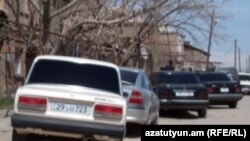 Armenia -- Cars parked outside the Armavir house of Meruzhan Mkhoyan, an election candidate allegedly beaten up by loyalists of his pro-government rival, 6Apr2012.