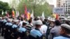 Armenia - Schoolteachers protest against pension reform outside the Ministry of Education, Yerevan, 29Apr2014.