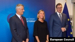 Hašim Tači, Federika Mogerini i Aleksandar Vučić u Briselu