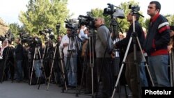 Armenia - Television cameramen at an opposition rally in Yerevan.
