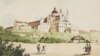UKRAINE – Pochayev Monastery in the XVIII century. Under this lithograph, published before 1900, the caption states: "Painted from nature on a stone by J. Sobkevich"