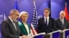 Armenian Prime Minister Nikol Pashinian speaks during a joint event with European Commission President Ursula von der Leyen, U.S. Secretary of State Antony Blinken, and EU High Representative for Foreign Affairs and Security Policy Josep Borrell in Brussels on April 5, 2024
