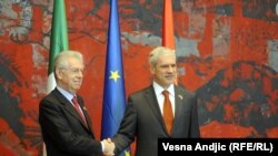 Italijanski premijer Mario Monti prilikom susreta sa predsednikom Srbije Borisom Tadićem, Beograd, 8. mart 2012.