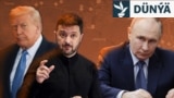 ABŞ-nyň prezidenti Donald Tramp (çepde), Ukrainanyň prezidenti Wolodymyr Zelenski (ortada) we Russiýanyň prezidenti Wladimir Putin (sagda)