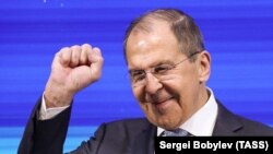 RUSSIA -- Russian Foreign Minister Sergei Lavrov gestures as he attends at the "New Knowledge" forum in Moscow, May 21, 2021
